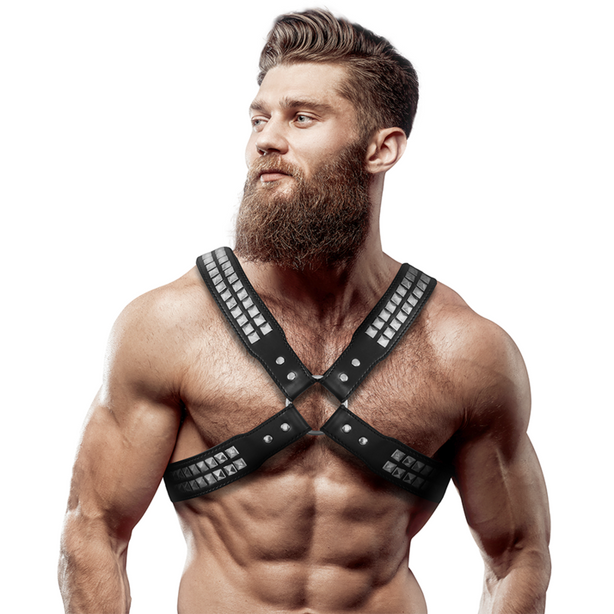 FETISH SUBMISSIVE ATTITUDE - HARNAIS EN CUIR ÉCOLOGIQUE POUR HOMMES  POITRINE CROISÉE AVEC RIVETS