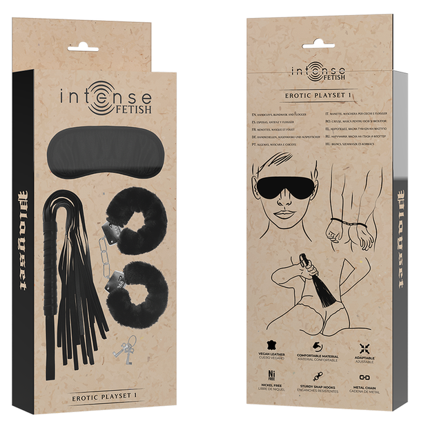 INTENSE - FETISH PLAYSET ÉROTIQUE 1 AVEC MENOTTES, MASQUE AVEUGLE ET FLOGGER