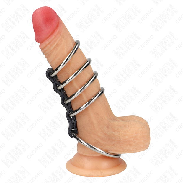 KINK - 5 ANNEAUX PÉNIS DE 3,7 CM À 5 CM EN MÉTAL RELIES PAR DU CUIR