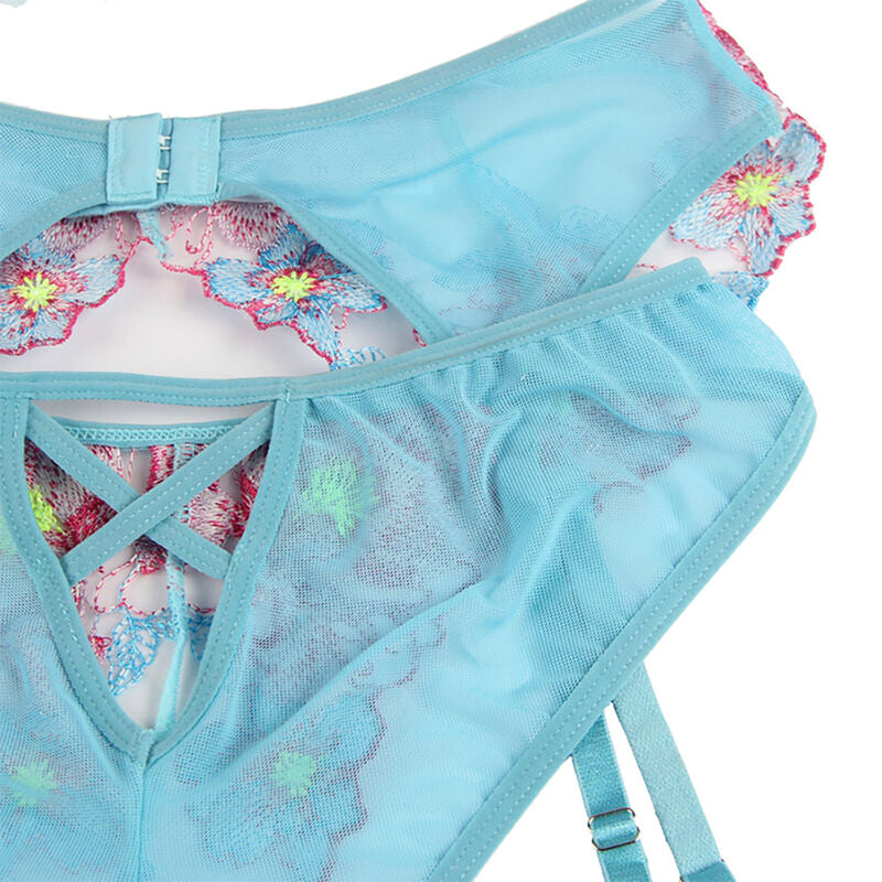 SUBBLIME - 954109 SOUTIEN-GORGE + CULOTTE AVEC PORTE-JARRETELLES MOTIF FLORAL BLEU S/M