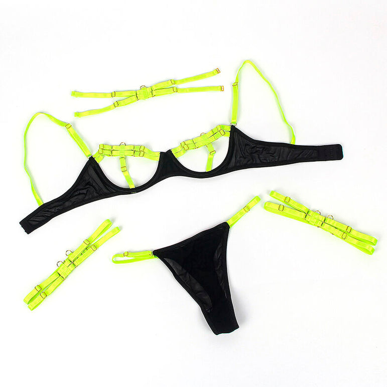 SUBBLIME - 955274 ENSEMBLE SOUTIEN-GORGE AVEC COLLIER ET DÉTAILS DE JAMBES VERT FLUORESCENT S/M