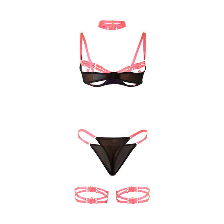 SUBBLIME - 955298 ENSEMBLE SOUTIEN-GORGE AVEC COLLIER ET DÉTAILS DE JAMBES ROSE FLUORESCENT S/M