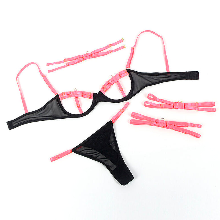 SUBBLIME - 955298 ENSEMBLE SOUTIEN-GORGE AVEC COLLIER ET DÉTAILS DE JAMBES ROSE FLUORESCENT S/M