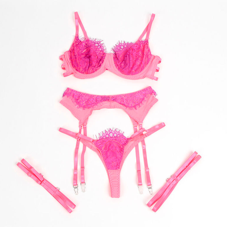 SUBBLIME - 955366 ENSEMBLE SOUTIEN-GORGE AVEC LIGNES DE DENTELLE ET JARRETELLES ROSE ET VIOLET L/XL