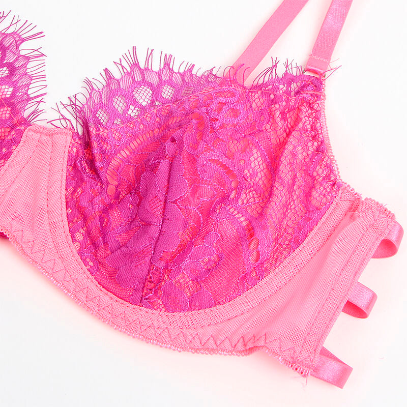 SUBBLIME - 955366 ENSEMBLE SOUTIEN-GORGE AVEC LIGNES DE DENTELLE ET JARRETELLES ROSE ET VIOLET L/XL