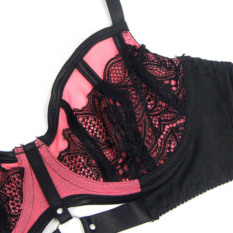 SUBBLIME - 955571 ENSEMBLE SOUTIEN-GORGE EN CUIR VERNI ROSE AVEC FERMETURE ÉCLAIR S/M