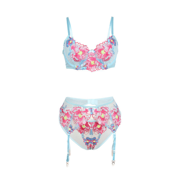 SUBBLIME - 957643 ENSEMBLE SOUTIEN-GORGE ET PORTE-JARRETELLES BRODÉ FLEURS ROSE S/M