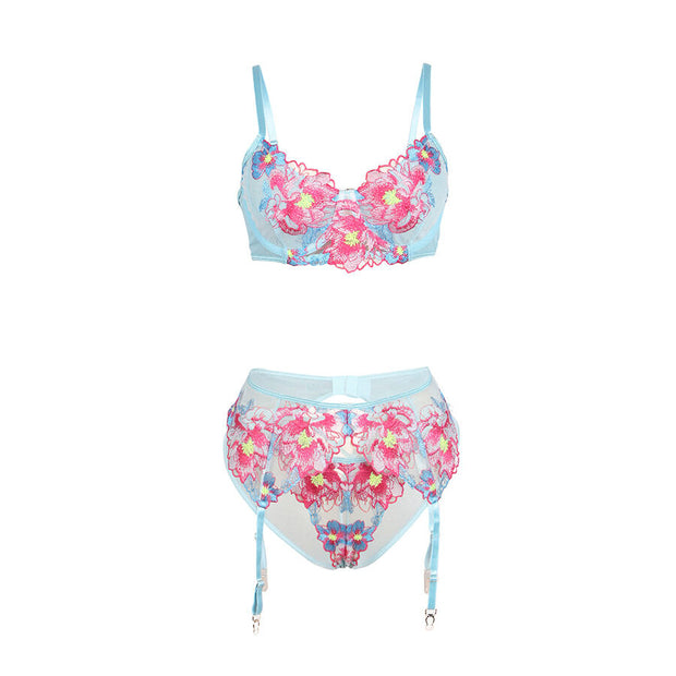 SUBBLIME - 957643 ENSEMBLE SOUTIEN-GORGE ET PORTE-JARRETELLES BRODÉ FLEURS ROSE S/M