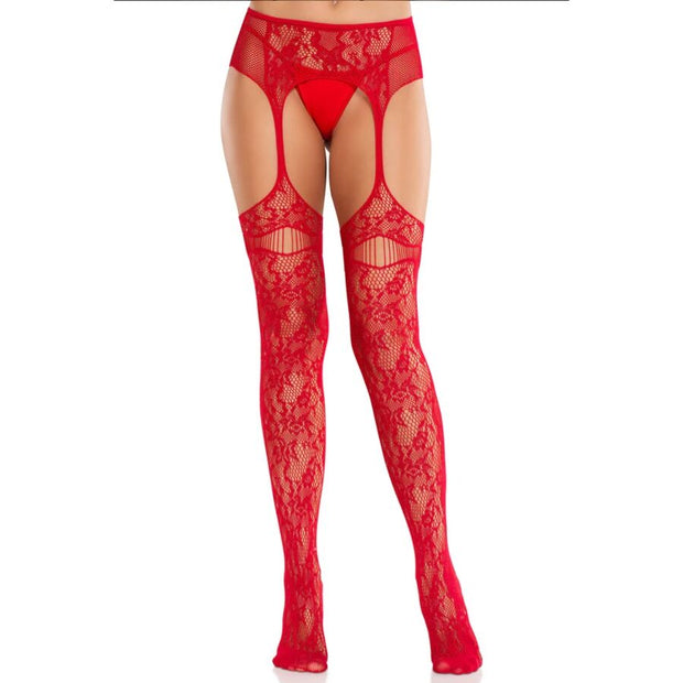 LEG AVENUE - BAS EN DENTELLE AVEC JARRETELLES ROUGES