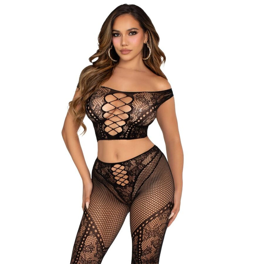 LEG AVENUE - CROP TOP ET LEGGING RÉSILLE ÉPAULES DÉNUDÉES NOIR
