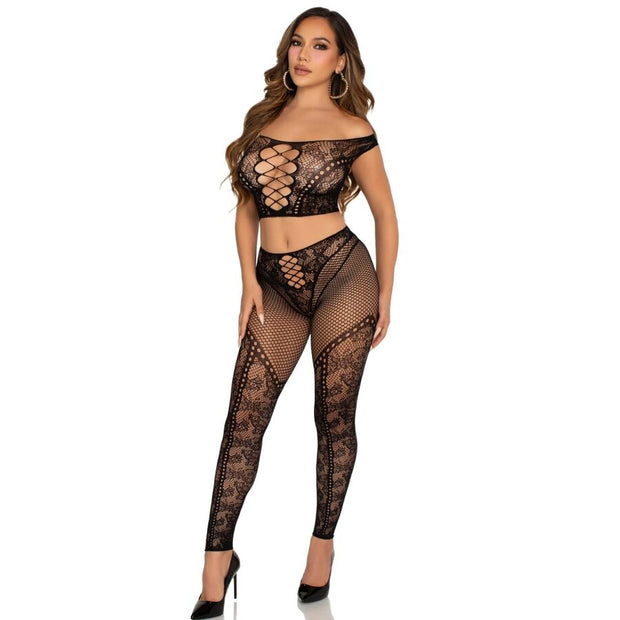 LEG AVENUE - CROP TOP ET LEGGING RÉSILLE ÉPAULES DÉNUDÉES NOIR