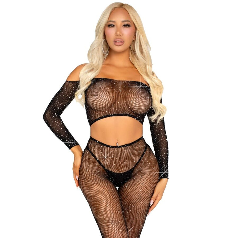 LEG AVENUE - CROP TOP ET LEGGING RÉSILLE AVEC STRASS NOIR