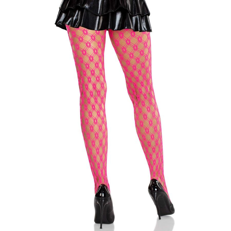 LEG AVENUE - COLLANTS EN DENTELLE AVEC ŒILLETS ROSE FLUO
