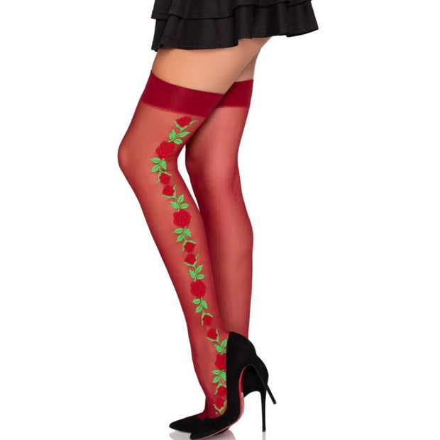 LEG AVENUE - BAS PORTE-JARRETELLES 1957 À FLEURS ROUGES - TAILLE UNIQUE