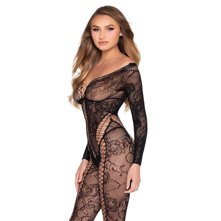 LEG AVENUE - 89369 COMBINAISON EN RÉSILLE ET DENTELLE NOIRE - TAILLE UNIQUE