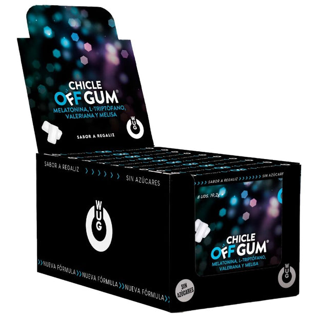 WUG GUM - OFF À BASE DE VALÉRIANE, DE TRYPTOPHANE, DE MÉLISSE ET DE MÉLATONINE | PRÉSENTOIR 12 X 8 UNITÉS