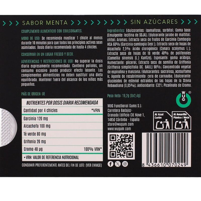 WUG DIET - Chewing-gum fonctionnel sans sucre à la menthe, plaquette thermoformée de 8 pièces
